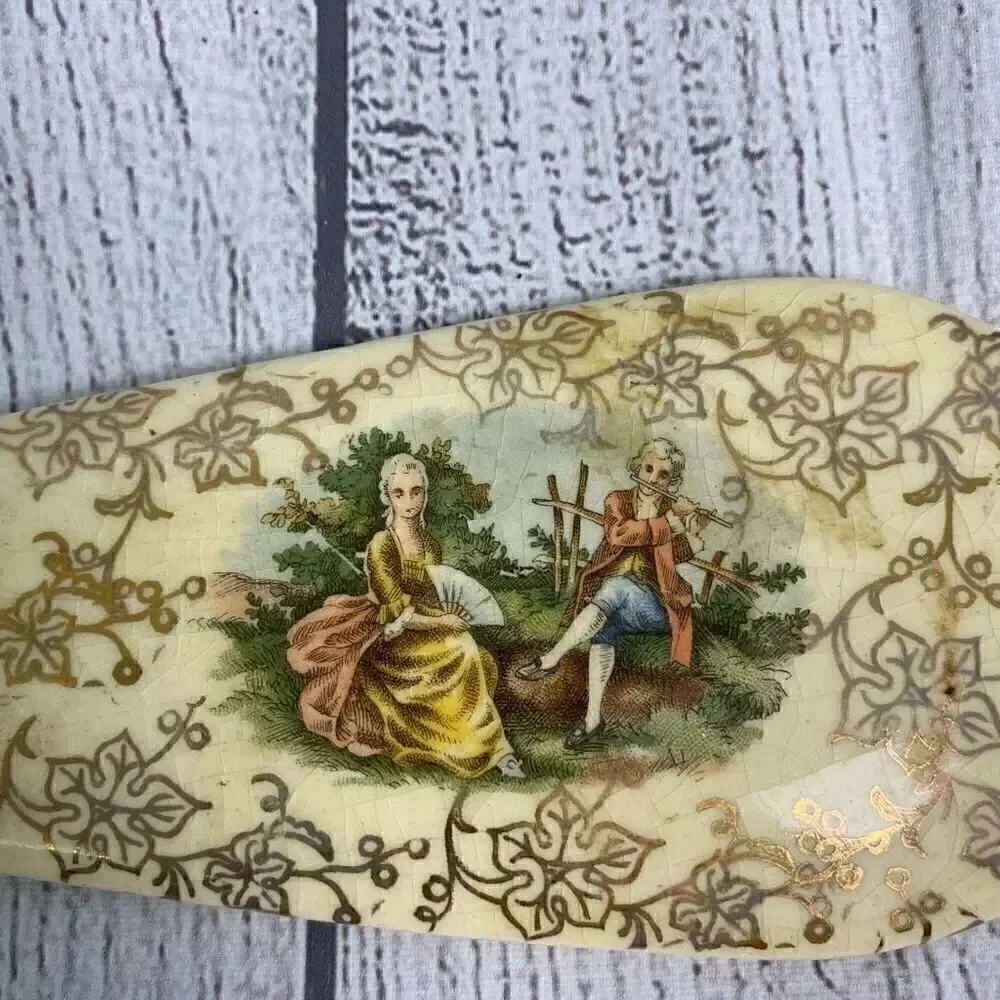 Ceramic vintage spatula w/gold flowers & picture